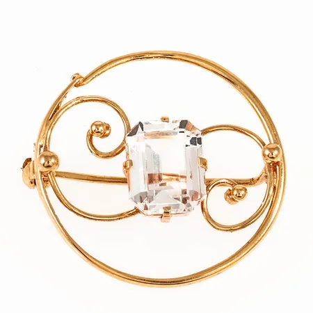 Brosch Ø26,5mm vit sten troligen syntetisk spinell 18K 3,9g. 