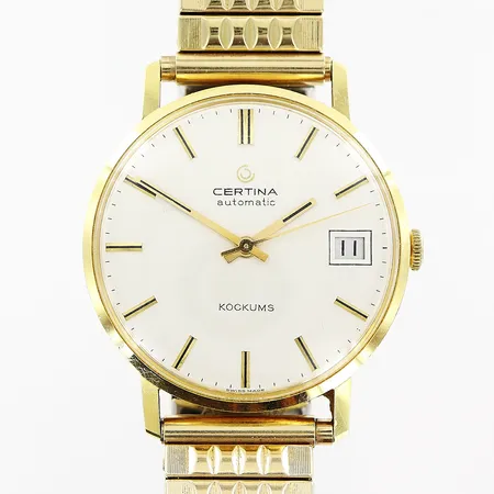 Herrur Certina 18K, Kockums, automatisk, Ø34mm, vit urtavla, datum, sekundvisare, flexlänk i gulmetall, kort modell ca 14,5cm, box.