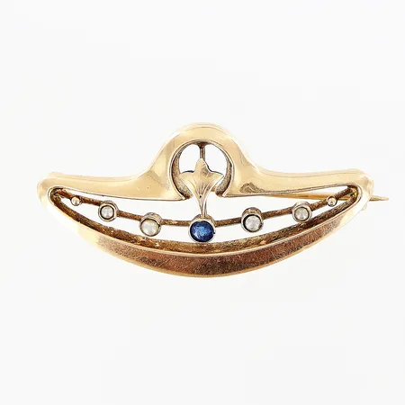 Brosch med pärlor och blå sten, 17x35mm, 14K Vikt: 2 g