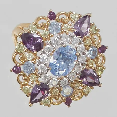 Ring med färgade stenar, Ø18, bredd:26mm, förgylld, 925/1000 Silver 6,6g.