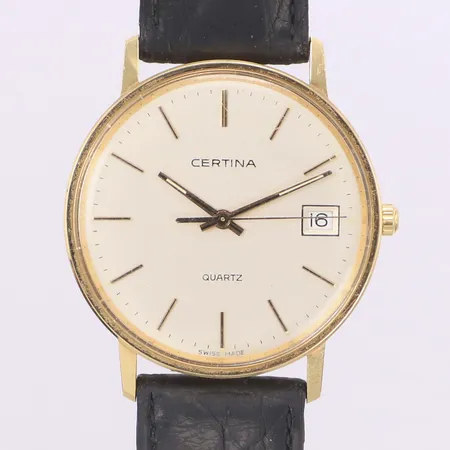 Armbandsur Certina 14K, quartz, 33mm, refnr EOL 115.9199.65, datum, repigt plexiglas och boett, går ej, läderarmband, inga tillbehör. 