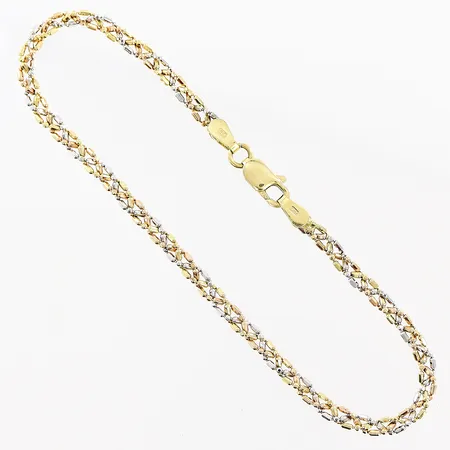 Armband, flätat, 18,7cm, bredd 3mm, vit/röd/gulguld, GHA, 18K. Vikt: 3,5 g