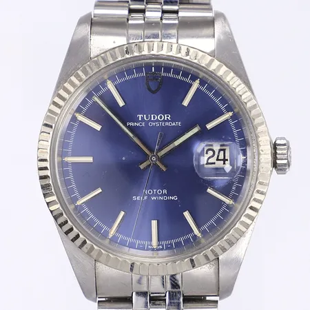 Herrur Tudor Prince Oysterdate Ø37mm, automat, datum, ref 12427, snr 90814, cal. ETA 2738, stål, krona samt boett märkta Rolex, plexiglas, stållänk märkt Rolex 62510H/555B, ca 16,5cm, medföljer 2 extra länkbitar, smärre bruksslitage, fläckig/repig urtavla, inga övriga tillbehör