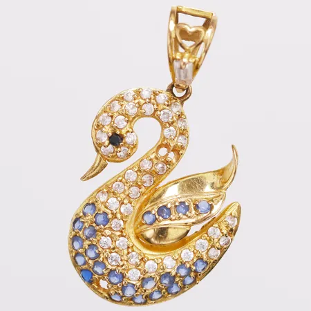 Hänge svan med vita och blåa stenar längd 32mm inkl ögla bredd 5-18mm, stenar saknas, 21K Vikt: 2,9 g