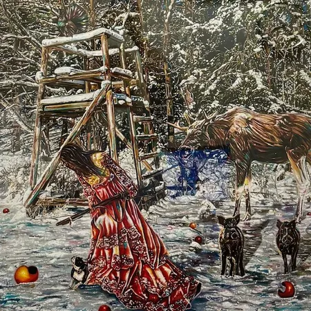 Tavla, Jakten på sanningen, Caroline af Ugglas, färglitografi 92/250, bildmått 72x55cm, bladet lite löst inuti ramen. OBS. SKICKAS EJ! Specialfrakt, kontakta pantbankskontoret för mer information.