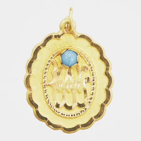 Hänge med turkos sten, längd 25mm inkl ögla, bredd 17,8mm, defekt, spricka i sten, skadad ögla, 14K Vikt: 1,1 g