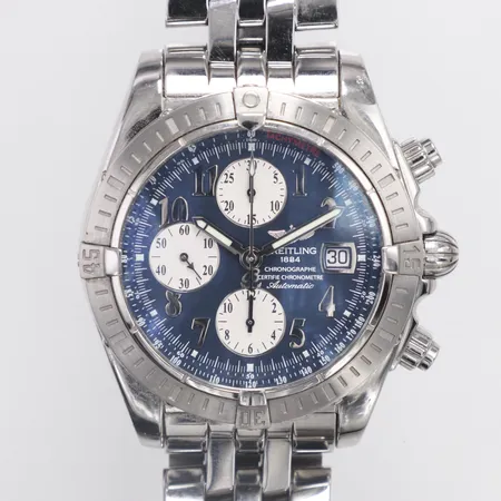 Herrur Breitling Chronomat Evolution, Ø44mm, stål, automatisk, kronograf, datum, refnr: A13356, serienr: 784161, certifikat daterat 2004-12-21, service från Krons 2024-06-29, repor, bok, sliten kudde och box, fläckar på ytterkartong