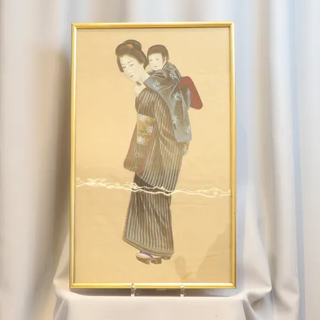 Målning på silke Japan, tidigt 1900-tal med hål, 59x35cm