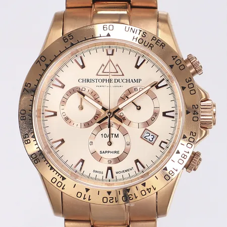 Herrur Christophe Duchamp Grand Mont, Ø42mm, quartz, kronograf, datum, CD7101-3, guldpläterat stål, med box, mindre spår av användning, fungerande vid katalogisering