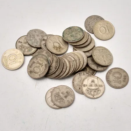 34st svenska mynt i silver, 10öre, 400/1000, vikt 48,50g.