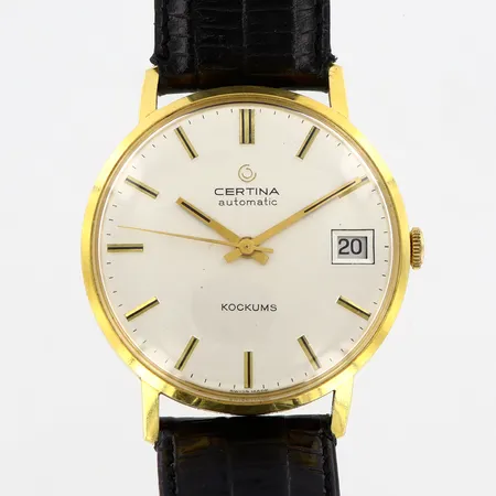 Armbandsur Certina Automatic Kockums 18K i boett, Ø34mm, Refnr:5810 164 serienr:179277, vit urtavla, datum, sekundvisare, läderrem med orginalspänne 24cm, utan tillbehör