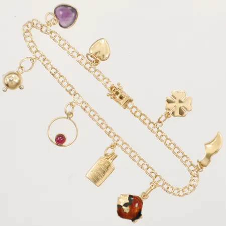 Armband X-länk med åtta berlocker, längd 18,5cm, bredd 3,3mm, Andrens Guldvaror, år 1960, 18K Vikt: 8,8 g