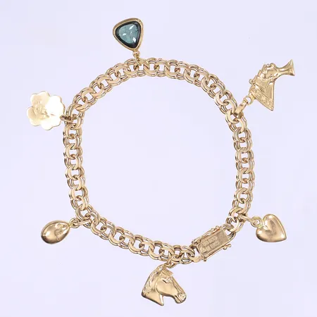 Armband Bismarck med fem berlocker 18,5cm, bredd 6mm, 18K Vikt: 18,2 g