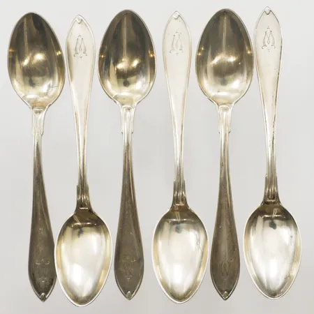 Sex teskedar, längd 13,3cm, monogramgravyr, Lund Gösta Abraham Stockholm 1920-tal, 830/1000 silver Vikt: 123,8 g