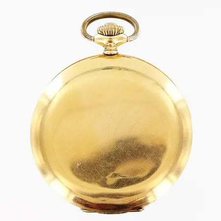 Fickur P. Bengtsson Malmö, savonette 14K, innerboett i metall, manuell, Ø50mm, sekundvisare saknas, glas löst, defekter på urtavla, lock går ej att stänga, bruttovikt 75,5gram, etui.