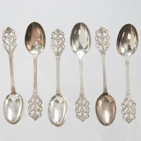 Sex kaffeskedar, längd ca 10,2cm, 830/1000 silver Vikt: 44,2 g