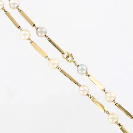 Collier med 17 x odlade pärlor Ø6mm, 40cm, bredd 2-6mm, Bengt Hallberg, 18K Vikt: 11,3 g