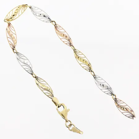 Armband, 17cm, bredd 5,3mm, gul/röd/vitguld, defekt, 9K. Vikt: 3 g