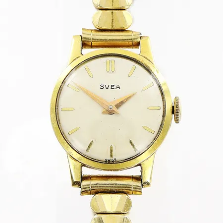 Damur Svea 18K, manuell, Ø18mm, flexlänk i gulmetall 14cm, i behov av service, inga tillbehör.