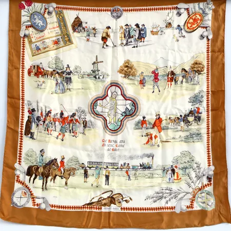 Scarf Hermés The Royal and Ancient Game Of Golf, design Philippe Ledoux, 82x88cm, siden, smärre släpp i sömmar, inga tillbehör Vikt: 0 g