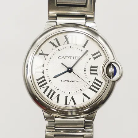 Armbandsur Cartier Ballon Bleu De Cartier, stål, automatisk, 36mm, refnr W6920046, serienr 3284841578ZX, stållänk ca 16cm, viklås, repor på länk och boett, garantikort datum ej ifyllt, orderkvitto Cartier daterat 05/15/2020, manual, box, ytterkartong.