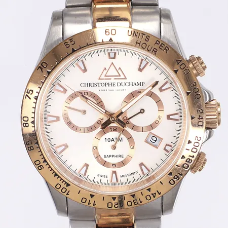 Herrur Christophe Duchamp Grand Mont, Ø42mm, quartz, kronograf, datum, CD7101-6, stål/guldpläterat stål, med box, bruksslitage, går ej behov av batteribyte Vikt: 0 g