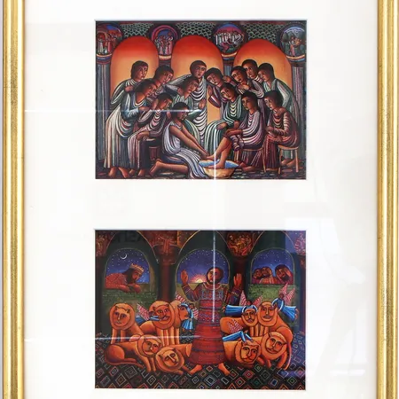 Tavla med 4 mindre offsettryck av John August Swanson, USA, bildmått ca 16x12cm, rammått 30,5x75cm, skador på ramens förgyllning,  Skickas med postpaket.