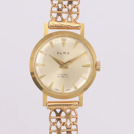 Damur A.L.M.E, Ø21,4mm, boettnr 23-106, manuell, fungerar, bucklor, 18K, urarmband X-länk med stav, längd 20cm, 18K, bruttovikt 20,4g.