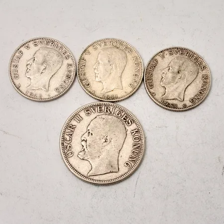 4st mynt i silver, 1st 2krona, 1907, 3st 1krona, 1928, 1939, 1941, 800/1000, vikt 37,18g.