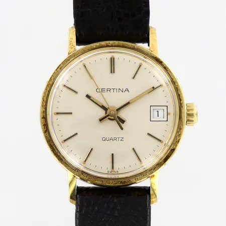 Damur Certina quartz Ø22mm, 14K i boett, läderband, rester av klistermärke Vikt: 0 g