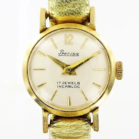 Damur Precisa, 14K, manuell, Ø17mm, i behov av service, sprickor i glas, läderband 20cm, inga tillbehör.
