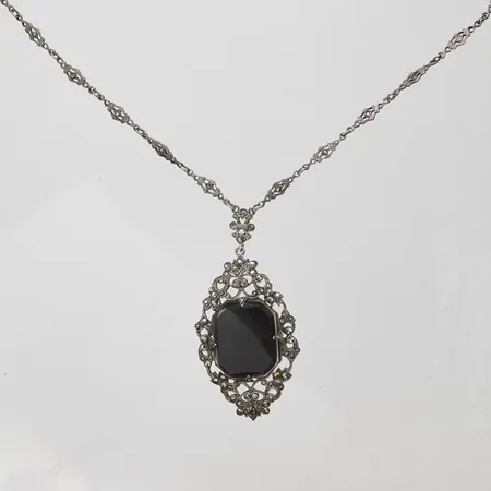 Collier med markasiter samt sten, längd ca 63cm, bredd 2-68mm, saknar markasiter, 900/1000 silver, bruttovikt: 22g Vikt: 22 g