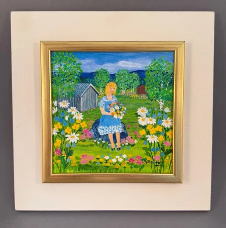 Tavla Beda Rönnberg "Flicka med midsommarblommor" olja på pannå, bildmått 15x15cm, rammått 26x26cm, signerad. Skickas med postpaket.