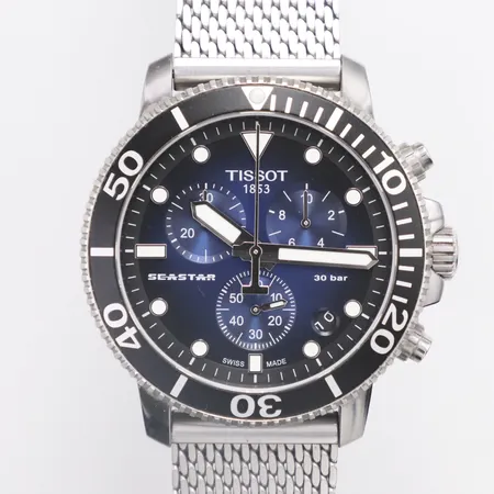 Herrur Tissot Seastar, chronograf, 30 bar, Ø45,5mm, stål, blå urtavla, quartz, datum, T120417A, serienr :HJQ YM1 BHW, meshband i stål, viklås, batteribyte krävs, inga tillbehör 