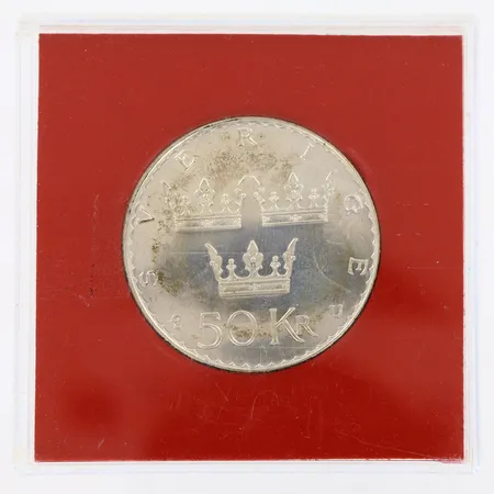 Minnesmynt med nominellt värde 50kr år 1975, plastetui, silver 925/1000 Vikt: 27 g