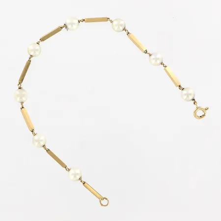 Armband med 8x odlade pärlor Ø6mm, 19,5cm, bredd 2-6mm, Bengt Hallberg, kattfot, 18K Vikt: 5,8 g