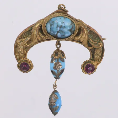 Brosch/Hänge med lila och ljusblå stenar, längd 57mm, buckla, gulmetall