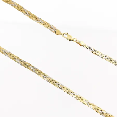 Collier flätat, 41cm, bredd 4mm, vit/gulguld, 18K Vikt: 8,9 g