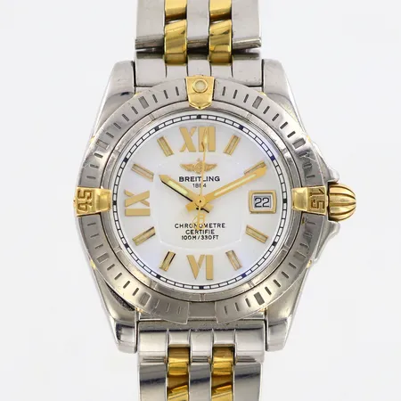 Damur Breitling Cockpit Lady, stål/guld Ø32mm, quartz, länk 17cm, referensnummer B71356, serienummer: 1156229, safirglas, originallänk med viklås, bok, cert 2011-02-10, köpt på Hukés i Malmö, inga övriga tillbehör, bruttovikt 92,4g 