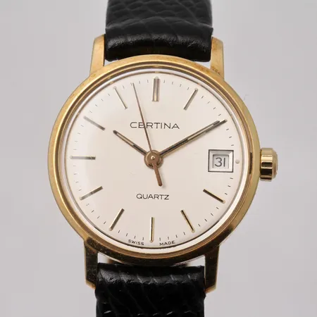 Damur Certina 14K quartz, Ø22mm läderband, box, personlig gravyr på boett, i behov av batteribyte. Vikt: 0 g