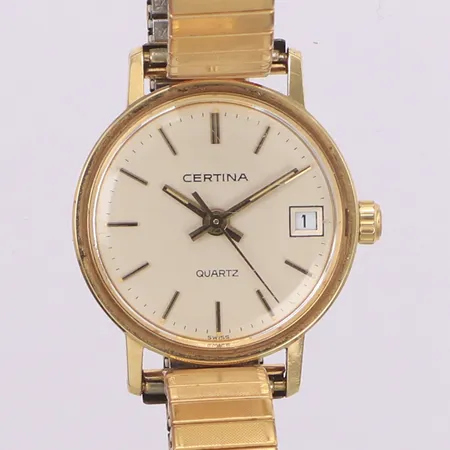 Damur Certina 14K, quartz, 21,5mm, refnr 111.9199.65, datum, går ej, gravyr, flexarmband i stål, inga tillbehör. 