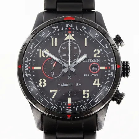 Herrur Citizen Eco-Drive, B612s 128188, stål, quartz, Ø42mm, svart urtavla, kronograf, datum, repigt glas, länk 19,5cm, inga tillbehör.