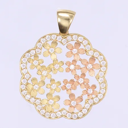 Hänge med vita stenar med dekor i form av blommor 26x21mm, detaljer i roséguld, 18K  Vikt: 3 g