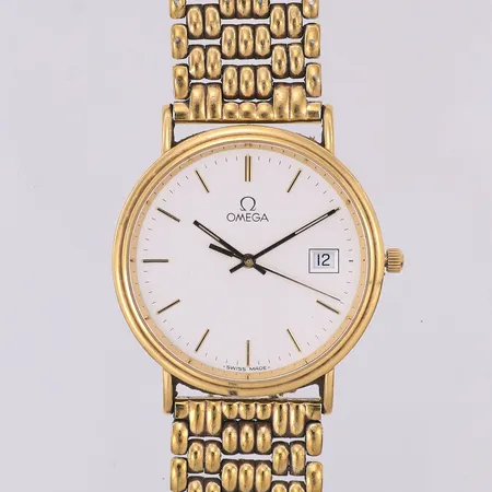 Herrur Omega 18K quartz Ø33mm, 56241846, datum, stålarmband färgbortfall 16cm, yrkesgravyr