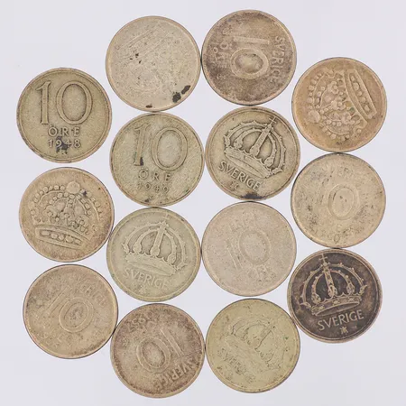 14 mynt 1945-1960 nominellt värde 10öre, silver 400/1000 Vikt: 19,9 g