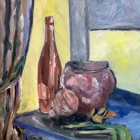 Tavla stilleben Thure Åslin 1945 längd 46cm bredd 37cm olja på pannå, träram längd 51cm bredd 44cm Skickas med postpaket.