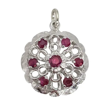 Hänge silver Rubiner, Ø19,5 mm, längd inkl .ögla 26,5 mm, uppbyggnad 8 mm, svensk kontroll/importstämpel, fint skick  Vikt: 3,2 g