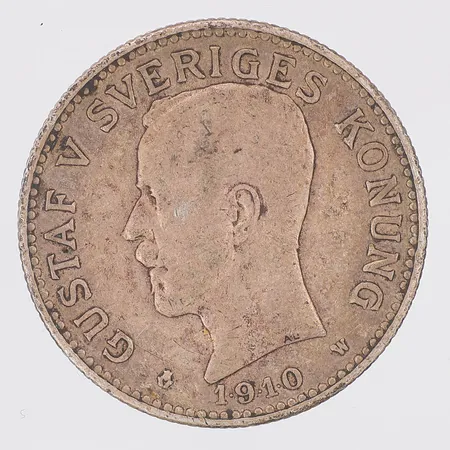 Mynt Gustaf V 1910 nominellt värde 2kr, silver 800/1000 Vikt: 15 g