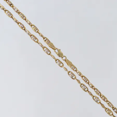 Kedja Fantasilänk, längd 63cm, bredd 3,3mm, ihålig, tvåfärgat 14K.  Vikt: 8,2 g
