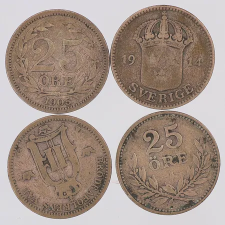 4 mynt 1902-1919 nominellt värde 25öre, silver 600/1000 Vikt: 9,3 g